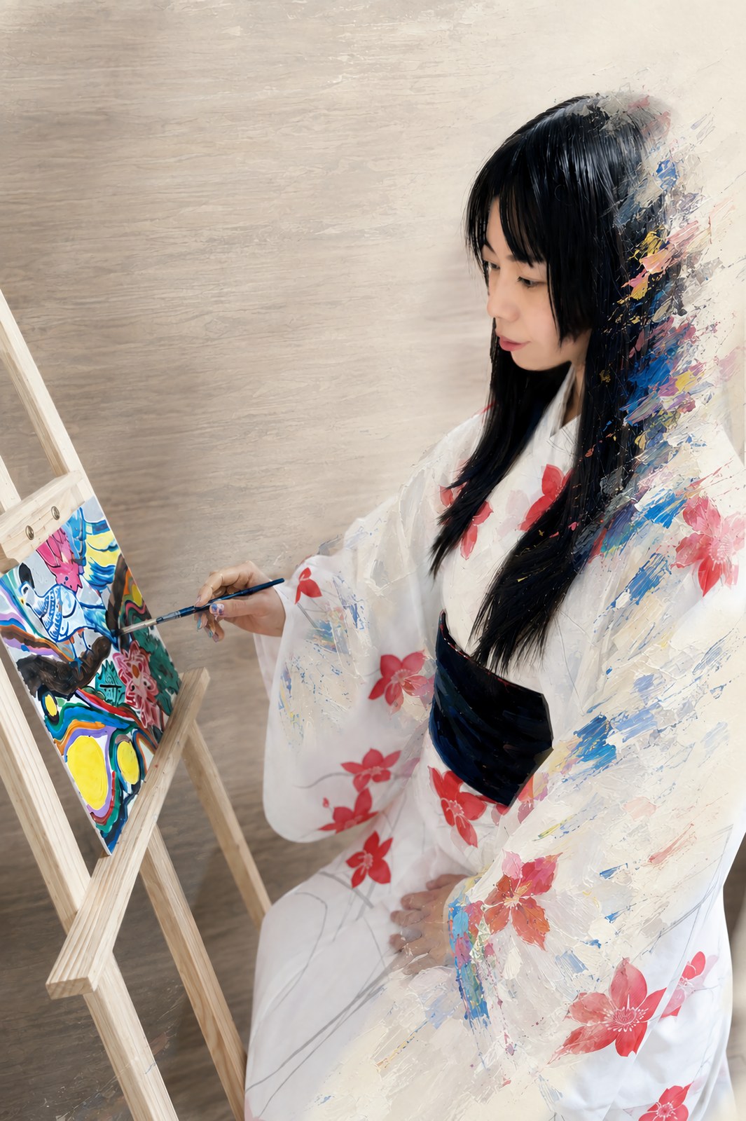 制作中のy-iart。イーゼルに向かって筆を入れているところ